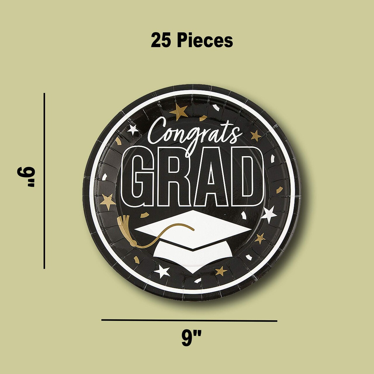 25 Count Black Congrats Grad 9 Inch Round Paper Plates for Graduation Party Decorations